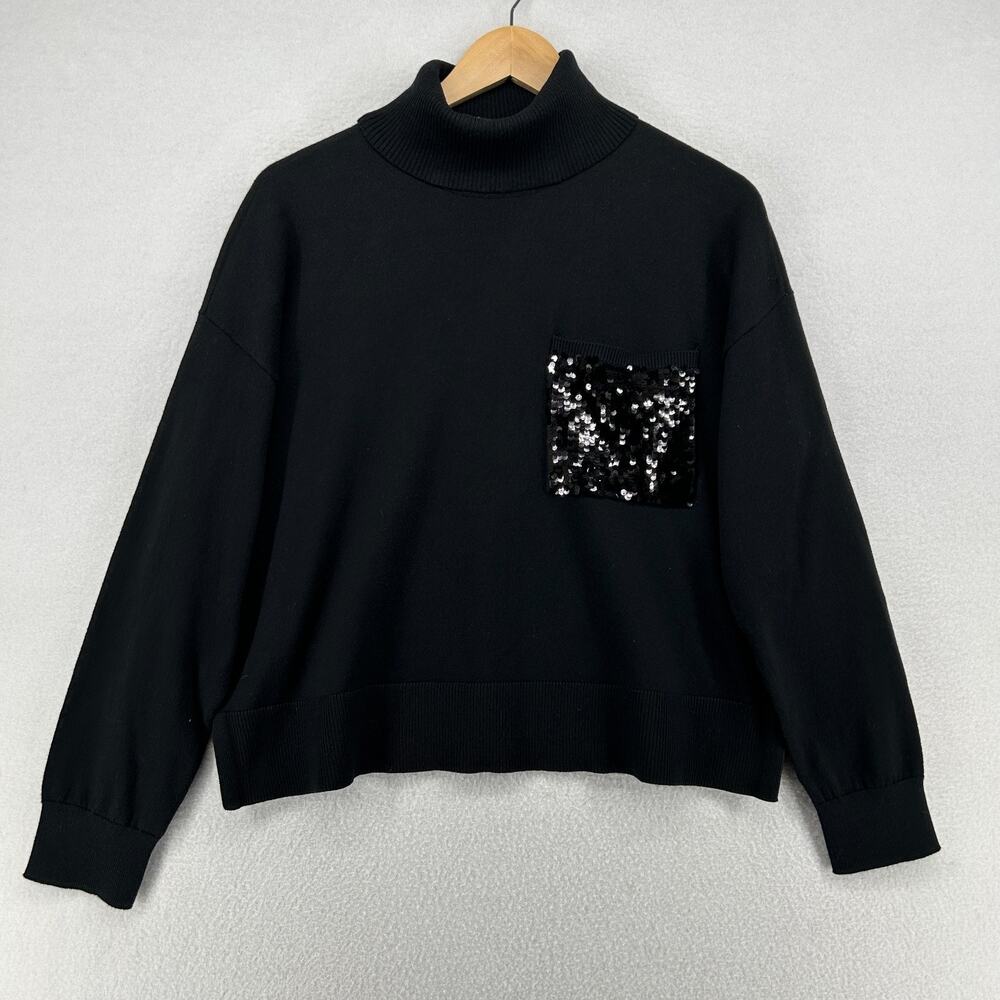 DKNY Sweater Womens M Turtleneck Sequin Pocket Pullover Cotton Blend Black